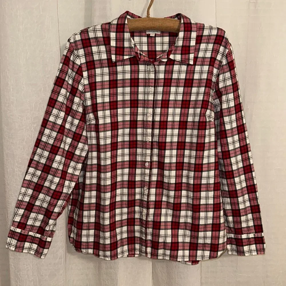 Talbots XL White Red Black Silver Metallic Christmas Plaid Button Front Shirt